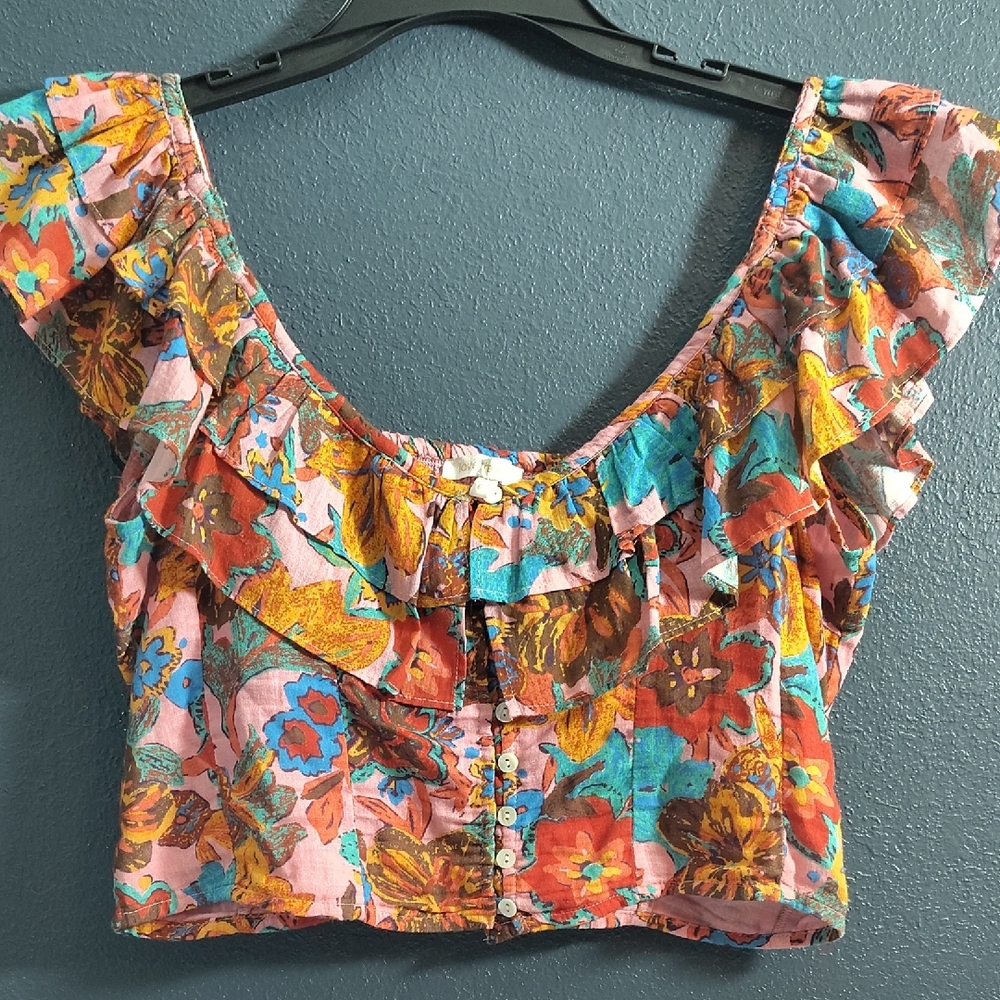 Love The Label Ruffled Floral Crop Top in Pink, Teal & Orange